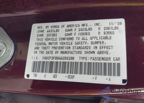 2010 Honda Accord 2.4 Ex-L from USA, damaged, VIN 1HGCP2F89AA056288